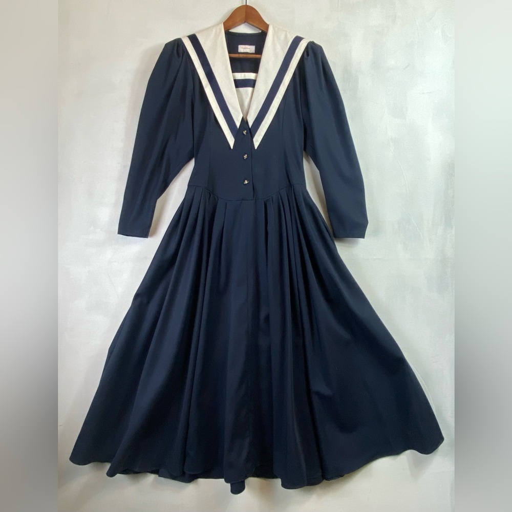 Sailor Dress Navy Blue Midi Dress Sailor Collar Thick Cotton Anchor Buttons